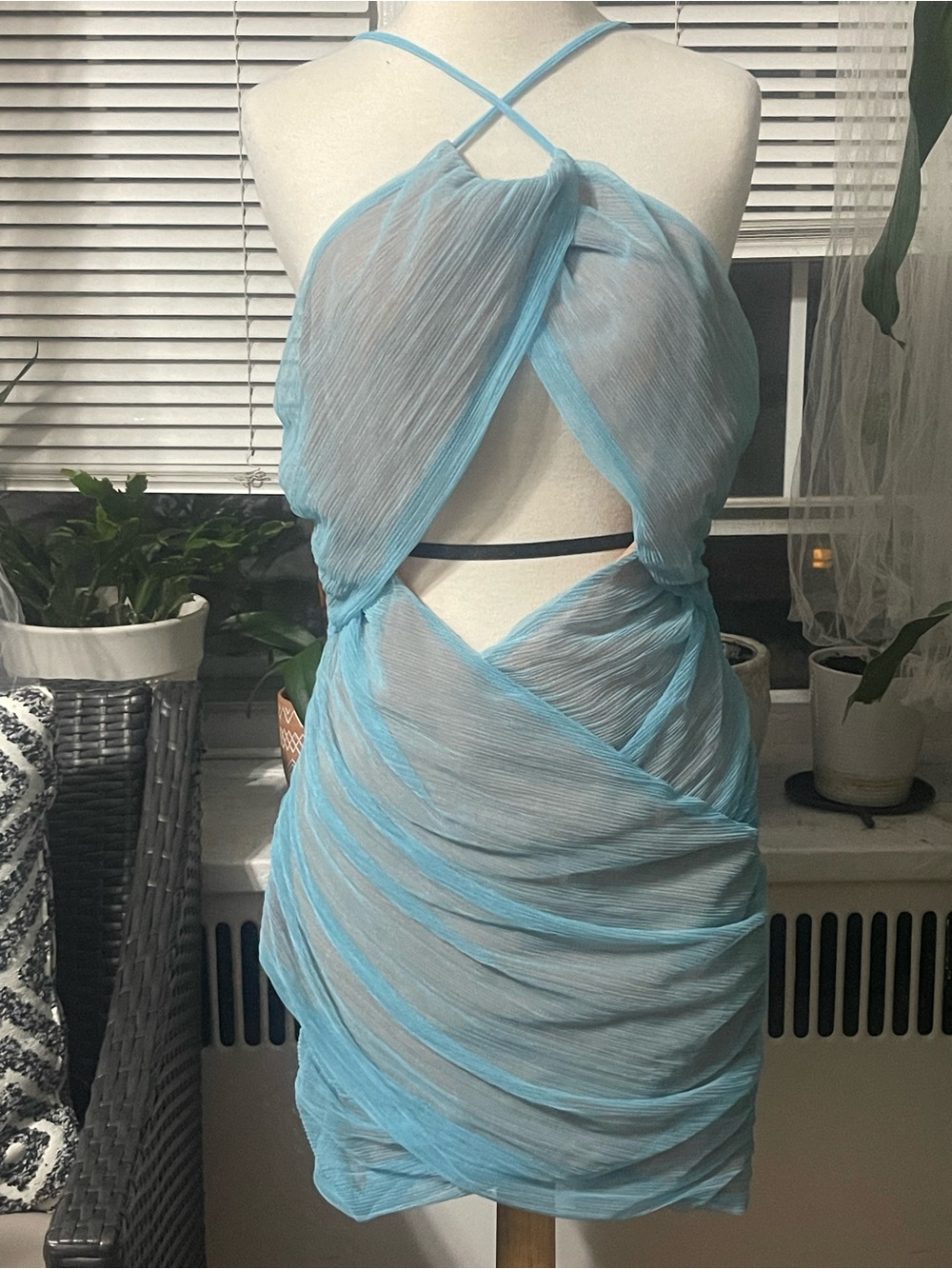 Michael Costello Sky Blue Sheer Crisscross Mini Dress